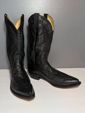 Dan Post Black Bull Hide Leather Braided Cowboy Boots Sz 10 D Made in Mexico
